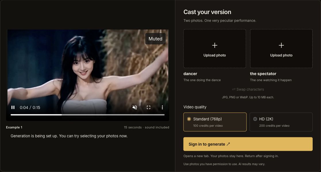 Rumpelstiltskin generator interface with dancer and spectator upload slots, Standard and HD options, and sign-in action